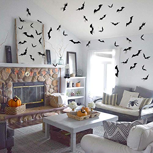 Trubetter 48pcs DIY Halloween Party Supplies PVC 3D Decorative Scary Bats Wall Decal Wall Sticker, Halloween Eve Decor Home Window Decoration Set, Black - Thumbnail 5