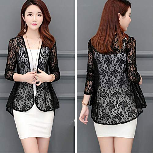 Alangbudu Women Elegant Lace Hollow Out Casual Blazer 3/4 Sleeve Open Front Relax Fit Office Lightweight Cardigan Shrug Pink