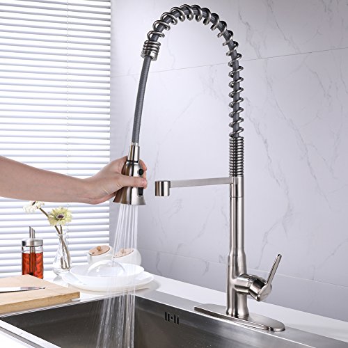 Lead Free Pull Down Kitchen Faucet With Pull Out Sprayer High Arc Single Handle Single Lever Pre-Rinse 304 Stainless Steel Spring Kitchen Sink Faucets With Deck Plate Brushed Nickel SonTiy - Thumbnail 4