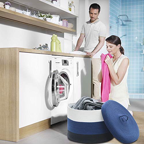 Extra Large Blue Cotton Rope Woven Basket for Laundry,Toys,Blankets,Pillows with Lid