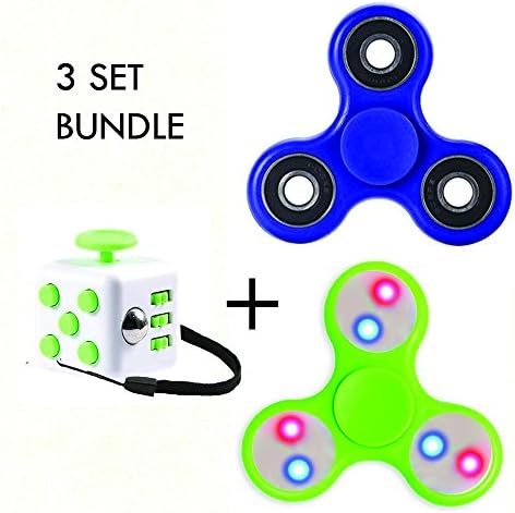 3 Set Bundle Pack Tri-Spinner (1 Dark Blue Regular Fidget Spinner, 1 Light Green LED Fidget Spinner, 1 White Green Mini Cube)