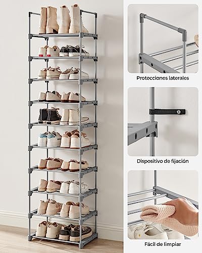 SONGMICS Zapatero de Metal de 10 Niveles, diseño Personalizable, Ahorro de Espacio y Estante versátil, para Sala de Estar, Dormitorio, 17.7 x 11.8 x 68.5 Pulgadas, Gris MLSA025G02