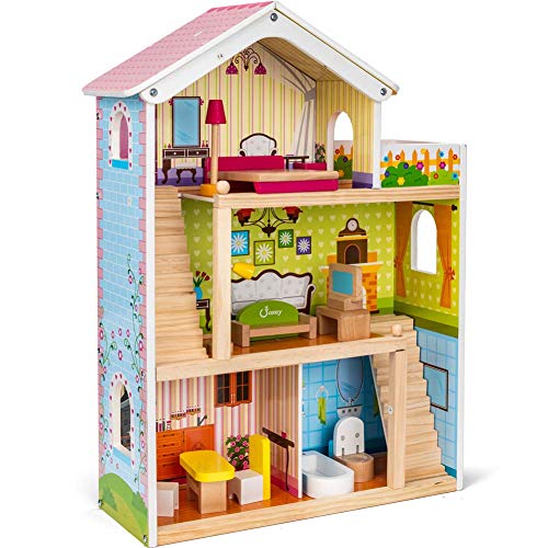 cossy Wooden Doll House with 12 Pieces of Furniture, 3 Levels House with 4 Rooms and Accessories - Thumbnail 7