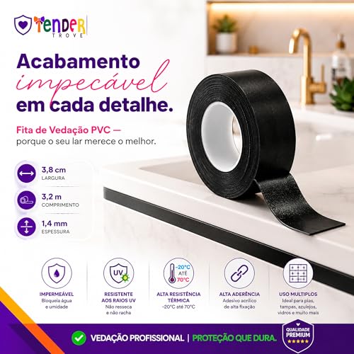 Tender Trove Fita Vedacao PVC Preta Para Banheiro Cozinha e Eletrodomesticos, Impermeavel Prova Dagua, Veda Frestas e Impede Insetos, 3,8cm x 3,2m (1)