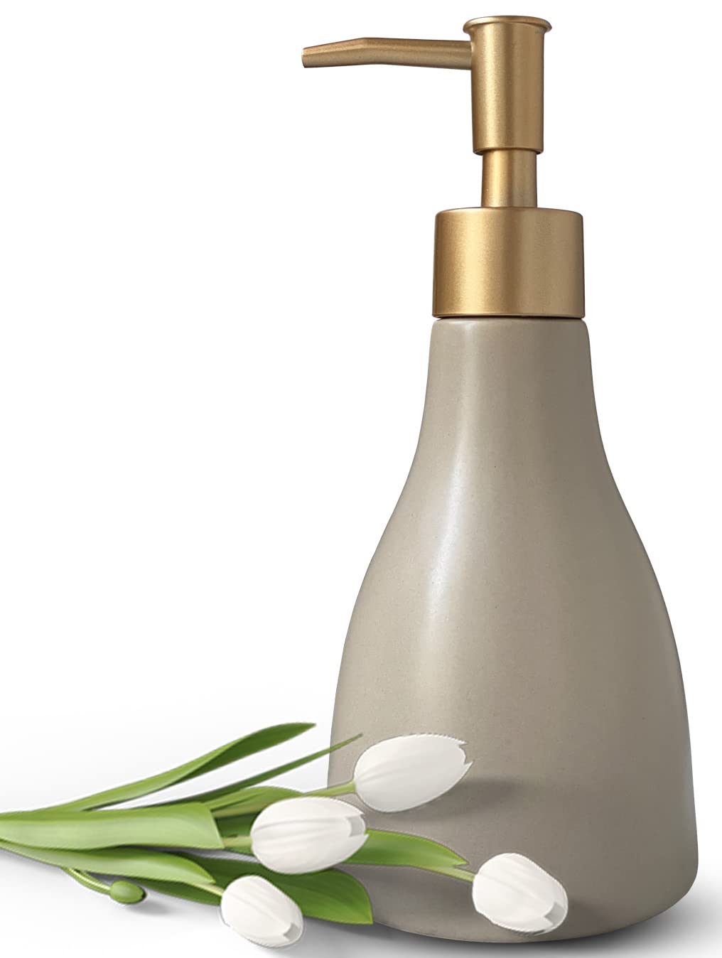 Photo 1 of 280ml Liquid Soap Dispenser for Bathroom with Gold Pump?Dish Soap Dispenser for Kitchen?Refillable Countertop Lotion Ceramics Khaki Hand Soap Dispenser for Shower