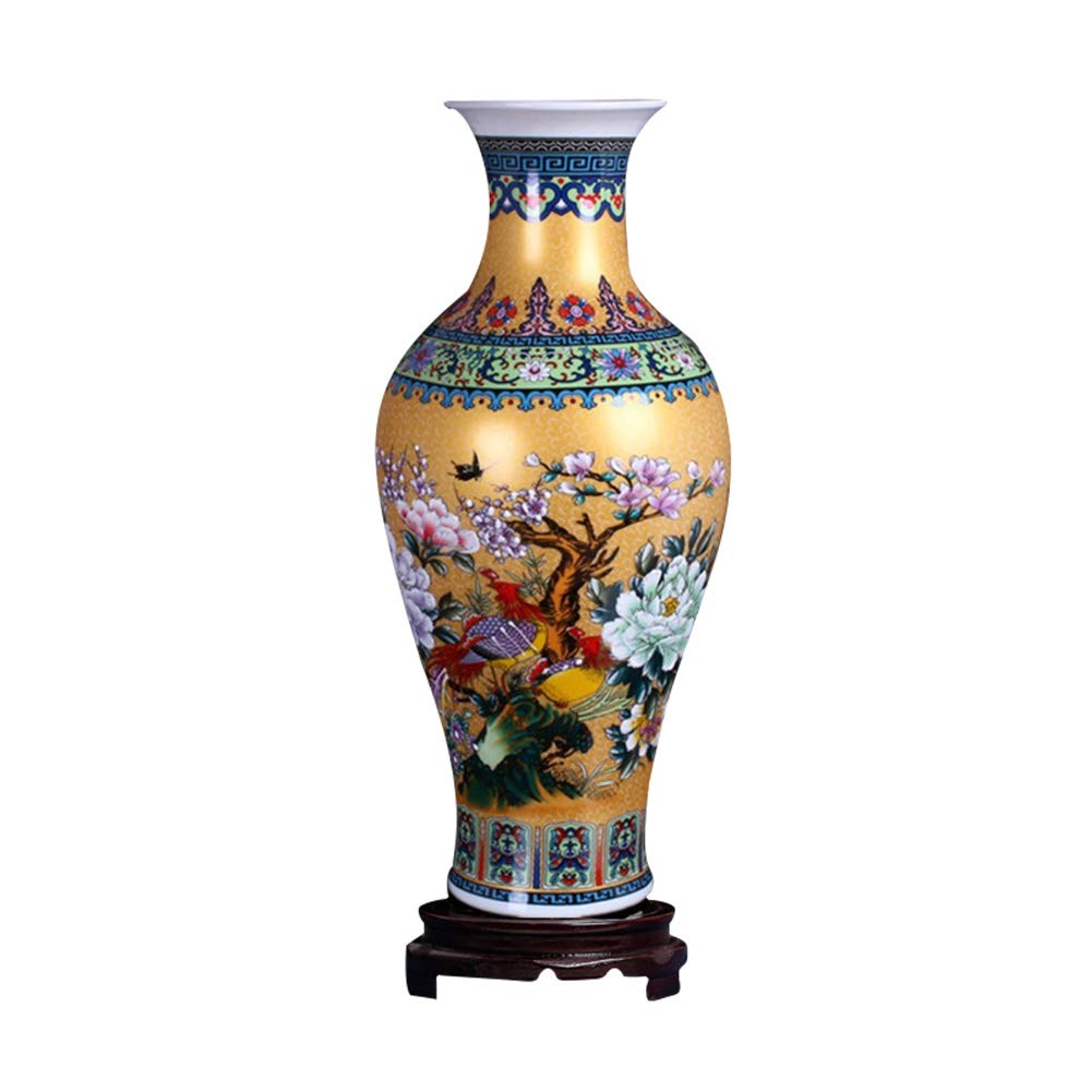 ufengke Jingdezhen Large Fishtail Ceramic Floor Vase, Golden, Height 18.11" (46cm), Oval Shape, Asian Style, Floral Pattern