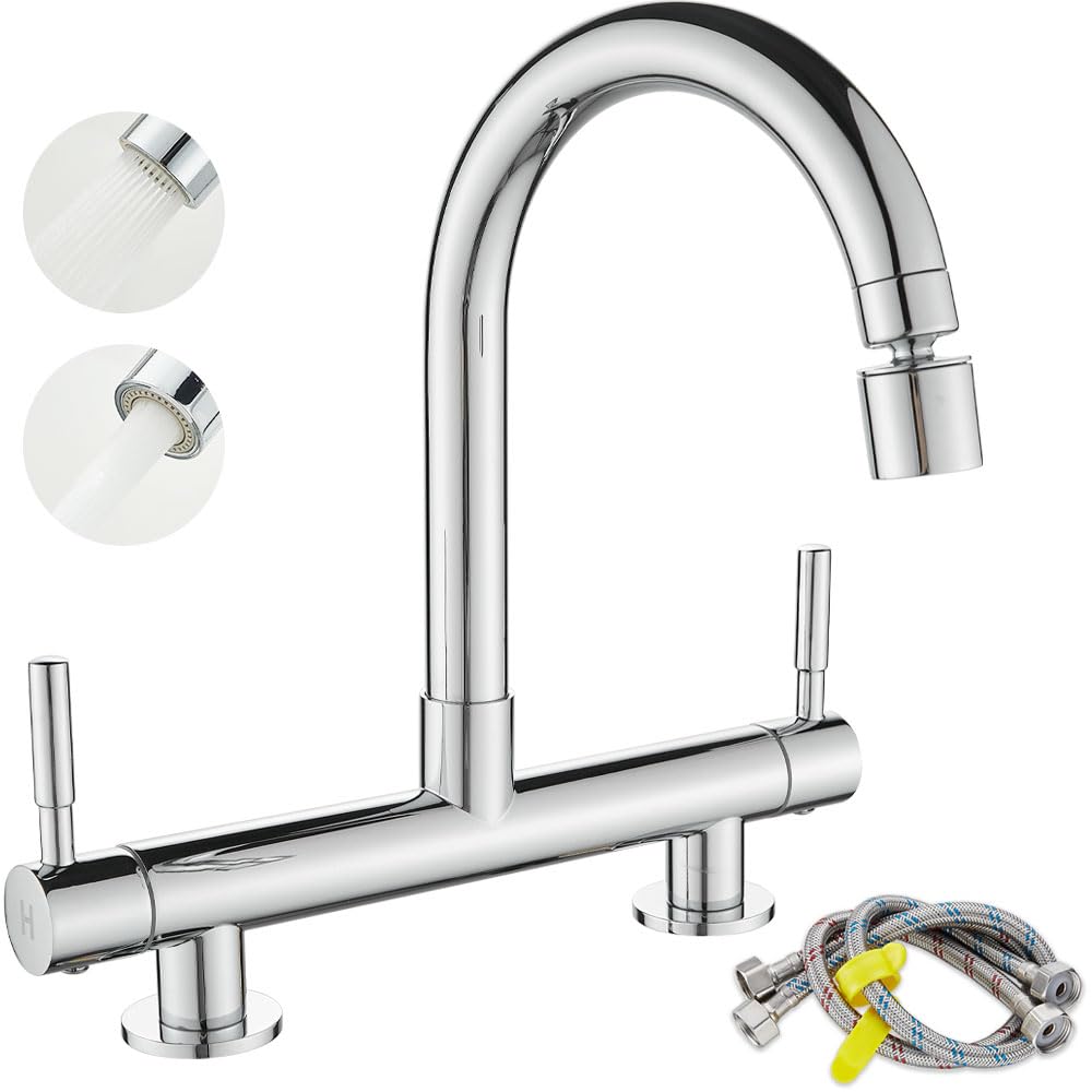 Maynosi 2 Hole Kitchen Sink Mixer Tap, Bridge Kitchen Mixer Taps, Dual Levers Faucet with 2 Function Sprayer, 360° Swivel Spout, 180 mm Centers Deck Mounted, Include UK Standard Tails, Brass, Chrome