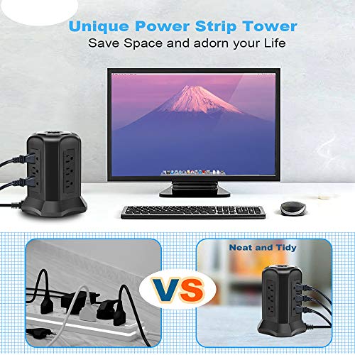 BEVA Power Strip Tower with 9 AC-Outlets and 4 USB Charging Ports Switch Control,Surge Protector Desktop Power Strip Charging Station 6 ft Extension Cable for Office and Home Black - Thumbnail 5