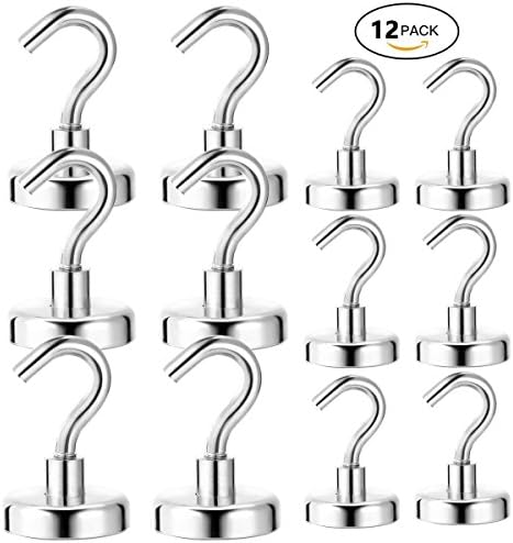 EMIDO Magnetic Hooks Set, Powerful 48 LB and 26 LB Neodymium Heavy Duty Magnetic Hooks, Outdoor Hook Magnets for Indoor Outdoor Kitchen Door Refrigerator Bathroom Garage Lockers Office - 12 Pieces