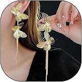 14K Gold Butterfly Tassel Dangle Drop Earrings, Trendy Boho Large Line Chain Formal Earrings, Big Flying Insect Statement Jewelry Gift