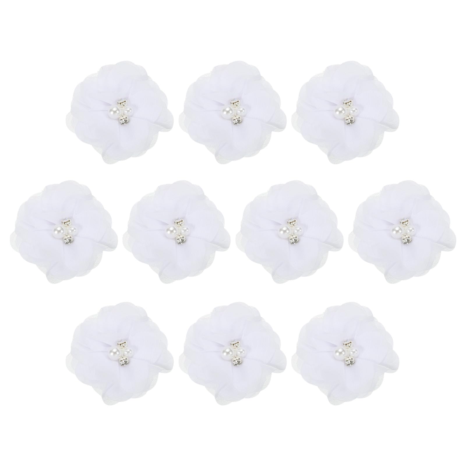 PATIKIL 2" Chiffon Flowers, 10Pcs Fabric Flowers Sewing Appliques Embellishments with Rhinestone Pearl for DIY Crafts Wedding Headbands Party Decoration, White