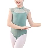 FEOYA Girls Ballet Dance Leotards Lace Short Sleeve Backless Dress with Tutu Skirt Skirted Ballerina Dancewear Bodysuit