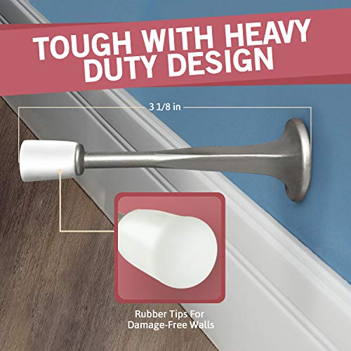 Jack N'Drill (3 ⅛) Rigid Door Stop (12 Pack) - Rustproof Satin Nickel Solid Door Stopper w/Durable Rubber Tips | Protects Walls & Doors from Damage | Great for Office & Home