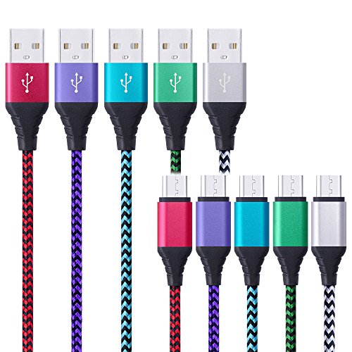 Micro USB Cable, FiveBox 5 Pack(6ft) Premium Nylon Durable Braided Fast Charging Charger Cord for Samsung Galaxy S7 S6 Edge, Note, Tablet, LG G3 G4, HTC M8 M9, Android More