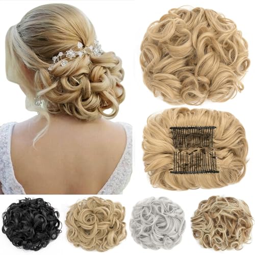 Short Messy Curly Dish Hair Bun Extension Easy Stretch hair Combs Clip in Ponytail Extension Scrunchie Chignon Tray Ponytail Hairpieces Brown Blonde Highlight — image 1