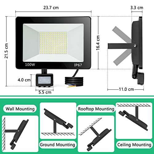TASINUO LED Spotlight with Motion Sensor 100W 2 Pieces, 10000LM 7000K Outdoor LED Spotlights, IP67 Waterproof LED Light with Motion Sensor, 180 LEDs Outdoor LED Lights for Garden, Terrace, Garage