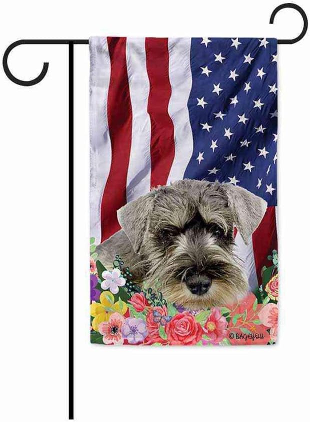 BAGEYOU American Flag with My Love Dog Schnauzer 4th of July Patriotic Decoraive Garden Flag for Outside Colorful Flowers Summer Home Decor Banner 12.5 X 18 Inch Printed Double Sided