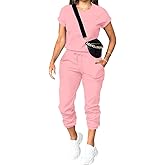 PINSV Women's 2 Piece Outfits Tracksuit Sets Short Sleeve Tops Jogger Pants with Pockets