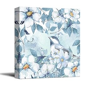 Square Canvas Wall Art - Light Blue Water Color Style Painting of Bird and Flowers - Giclee Print Gallery Wrap Modern Home Art Ready to Hang - 12x12 inches