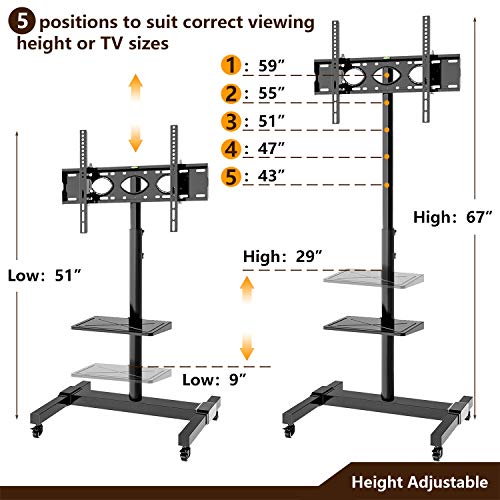 Mobile TV Stand Rolling TV Cart Floor Stand on Lockable Wheels with Tilt Mount and Adjustable Shelf for 32-70 Inch Flat Screen or Curved TVs, Monitors Display Trolley Stand