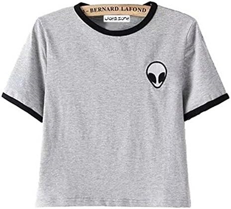 Girls Fashion Alien Print Short Sleeve Tee Cotton Casual Blouse Crop Tops (S, Grey)