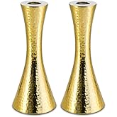 Zion Judaica Shabbos Candle Holder Set of 2 Modern Gold Hammered Metal Candlesticks Fits Thick Tapered Candles 7/8" and Shabbat Candles Passover Seder Decorative Candleholders Set