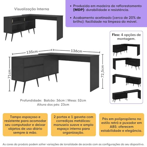 Multimóveis Mesa Gamer em L para Computador 2 Portas 1 Gaveta Arena MP6050 Preto