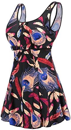 Women's Plus Size Slimming High Waist Printed One Piece Swim Dress Swimsuit ((US 10-12, 38ABCD) 2XL, Feather Print On Black)