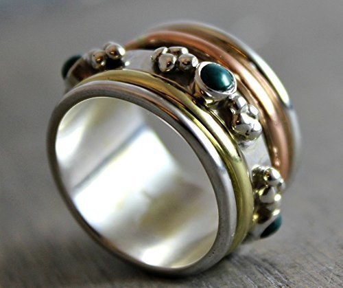 Sterling Silver (925) mixed metal Turquoise Brass Copper Bohemian Spinning Fidget Ring size 10 - Thumbnail 4