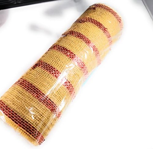 Decorative Poly Mesh Ribbon -Burlap with Red Foil Shimmer 10 Inch x 10 yard Red stripe ribbon