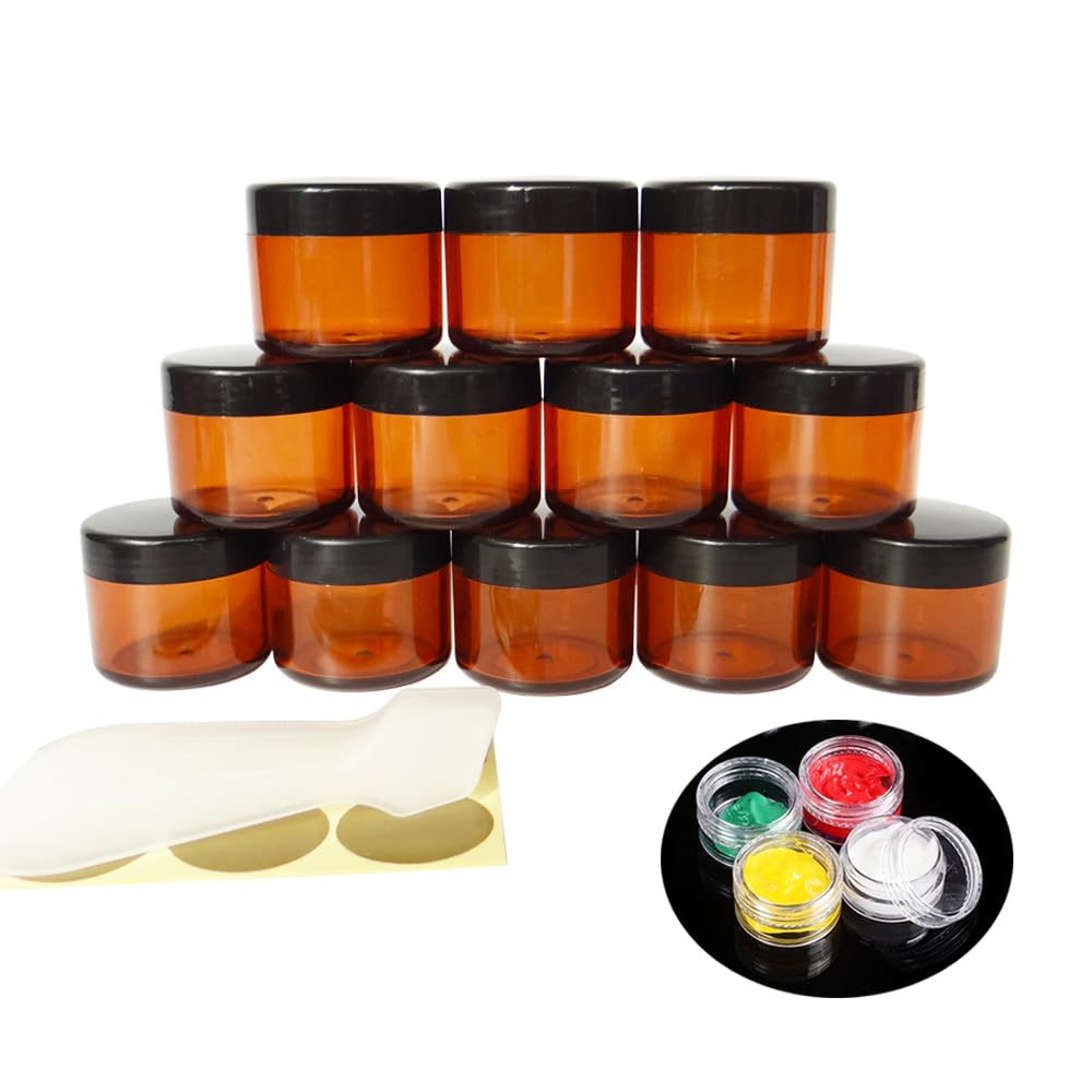 Wopanxye 12pcs 20 Gram Jars, Small Cosmetic Sample Empty Container, 20ml Plastic Round Pot Black Screw Cap Lid, Tiny 20g bottle for Makeup, Eye Shadow, Nails, Powder, Jewelry, Beads, Free Spatulas
