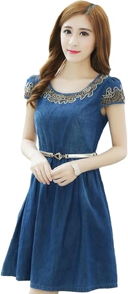 Amazon ｚａｒａ デニムワンピース 半袖ワンピ ラウンドネック サマードレス チュニック レディースファッション 婦人服 レース ウエストギャザー 小さいサイズ 大きいサイズ デート お呼ばれ スリム効果 美脚効果 大人カジュアル セレブファッション スウィート