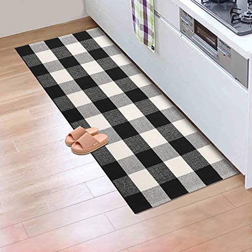 Ailsan Cotton Buffalo Plaid Rugs 24'' x 51'', Farmhouse Black/White