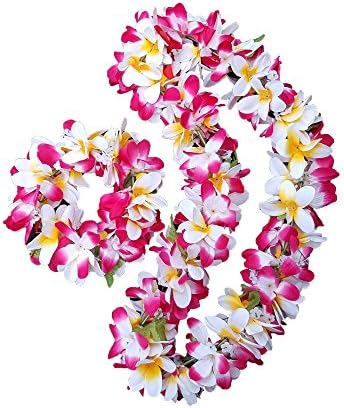 Silk Plumeria Lei Plumeria Haku - Hawaiian Lei Hawaiian Haku - Hawaiian Wedding Lei Hawaiian Party Lei Hawaiian Costume Lei - Graduation Lei - Flower Lei Haku Set - 2 Items (Cherry Pink)