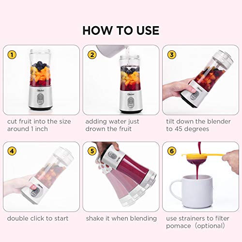 Olivivi Portable Blender, Multifunctional Personal Blender Mini Smoothie Blender 6 Powerful Blades, 4000mAh Rechargeable USB Juicer Cup Bottle with strainer Cleaning Brush for Travel BPA Free White
