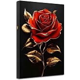 LZIMU Rose Canvas Wall Art Black and Gold Floral Picture Rose Flower Golden Leaf Painting Abstract Poster Print Elegant Modern Artwork Bathroom Bedroom Office Decor (Red, (18L x 12W))