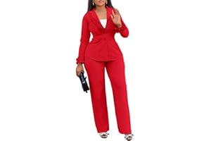 MorwenVeo Women's 2 Piece Pant Suits Ruffle Long Sleeve 2 Piece Blazer Set Sexy Elegant Business Pencil Pant Set