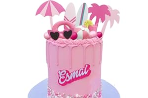 DIDIDA Summer Pink Beach Cake Topper with Beach Ball Swimming Ring Coconut Tree Surfing Board and Sunglasses for Hot Pink Girl Summer Beach Bali Hawaiian theme cake Decor