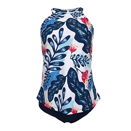 Women Halter Neck Swimsuit, Leadmall Backless Leaf Print Swimwear Tankini Tank Top Plus Size Swimming Suit with Cut Out Bottoms (L, Blue)