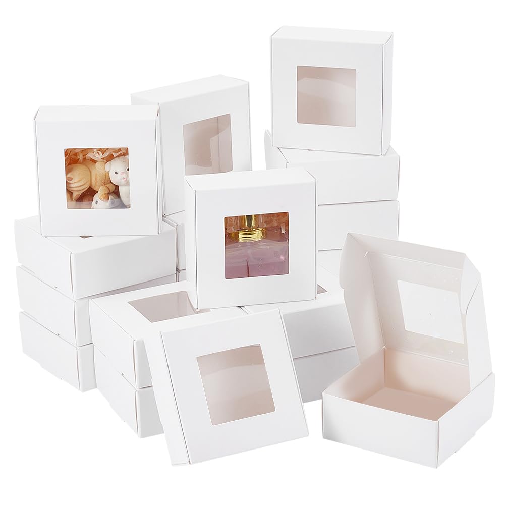 BENECREAT 28 Packs 8.5x8.5x3.5cm Square Gift Boxes with Clear Window, White Bakery Boxes Gift Packaging Boxes for Anniversaries, Birthdays, Weddings, Graduation