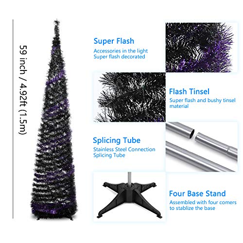 MACTING 5ft Pop up Christmas Tinsel Tree with Stand Easy-Assembly Tinsel Coastal Glittery Halloween Christmas Tree for Holiday Xmas Decorations (Purple-Black)
