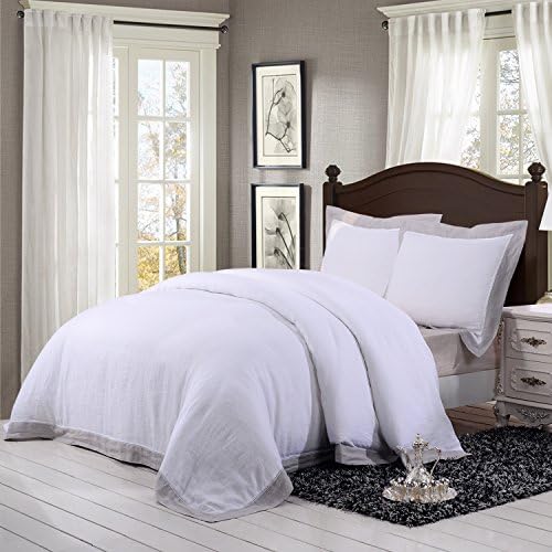 Simple&amp;Opulence 100% Linen Stone Washed 3pcs Solid Pure Color Hemstitch Lace Duvet Cover Set (King, Grey Border)
