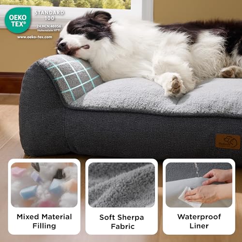 Bedsure Washable Dog Bed Large Dogs – 114 x 81 cm Extra Thick and Support Sofa with Waterproof Cover, Non-Slip Soft Sherpa Plush Bed, Dark Grey
