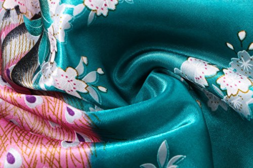 Yukata Women's Short Kimono Robe, Peacock&Blossom Design, Atrovirens M