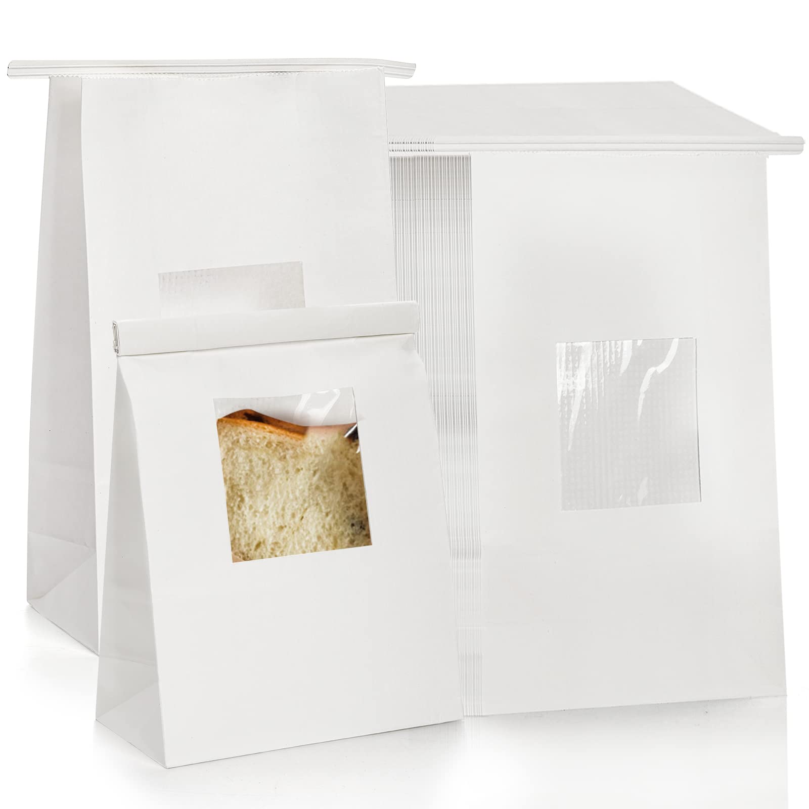 Photo 1 of AVLA 100 Pack Bakery Bags with Window, 5.9 x 2.8 x 9.2 Cookie Treat Bags, White Kraft Paper Bags, Tin Tie Tab Lock Bags, Coffee Beans Popcorn Snack Gift Bags for Wedding Favors Baked Goods