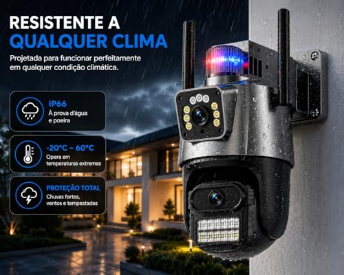 Câmera de Segurança Externa Dupla Wi-Fi 6MP com Duas Lentes, Visão Noturna, Sirene, Detecção de Movimento, Áudio Bidirecional, Rotação 355°/90° e Proteção IP66
