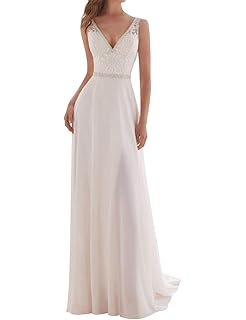 JAEDEN Vestidos de Novia Largo Mujer Vestido de Boda Gasa Encaje V-Cuello Sin Respaldo