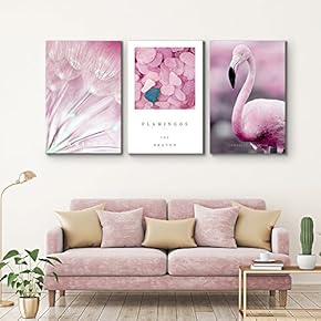 3 Panel Canvas Wall Art - Flamingo Triptych Series | Pink Purple Flower Petals with Flamingo Bird - Giclee Print Gallery Wrap Modern Home Art Ready to Hang - 16"x24" x 3 Panels