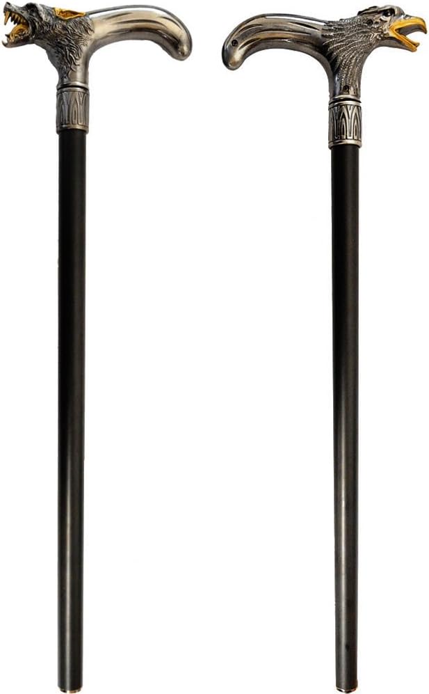 (Set) Eagle and Wolf Head Handle Black Metal Walking Canes w/Plastic Tip