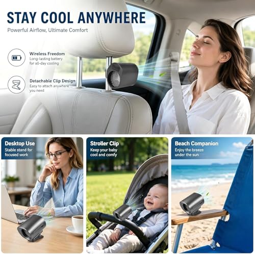 Car Clip on Air Conditioner Fan, Car Fans That Blow Cold Air, Rechargeable Mini Clip Fan with LED Display, 199-Speed Touch Control & 360° Rotation, Cars Cooling Fan for Home Office Stroller Camping